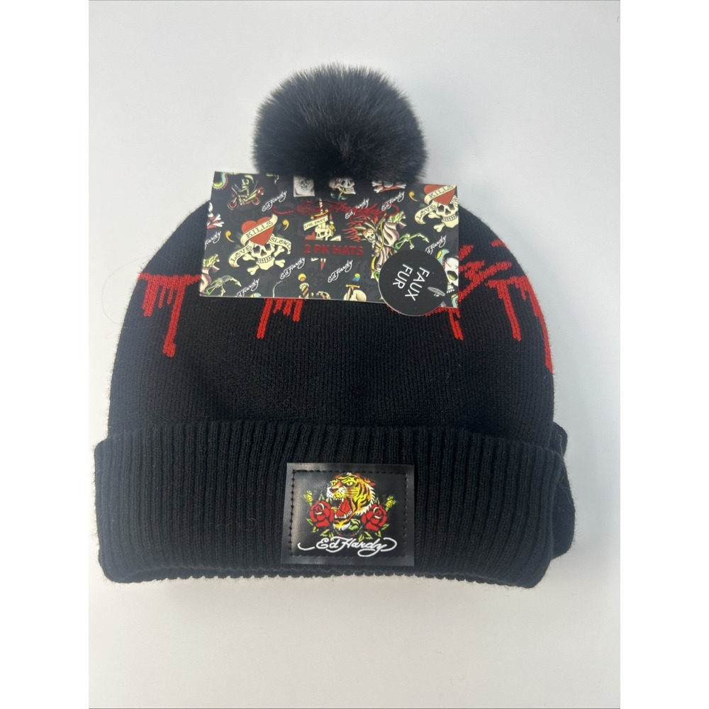 NWT Ed Hardy Beanie Hats 2 Pk Y2K Tiger & Roses And Love Kills Slowly Rhinestone